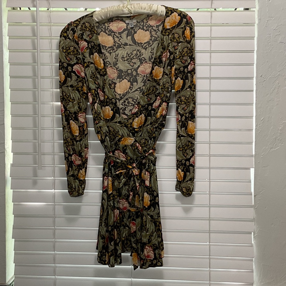 Ecote Olive Floral Mini Dress with Yellow and Pink Blooms; Sz M
